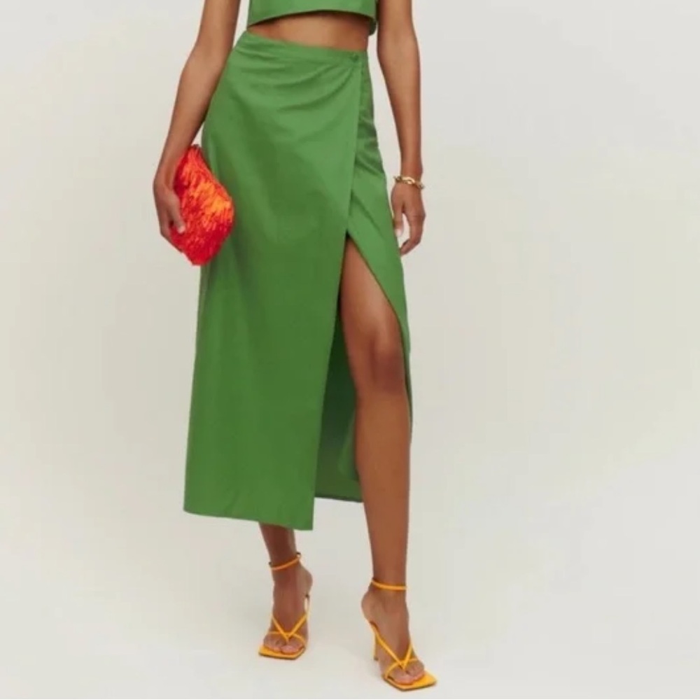 Reformation Green Wrap Midi Skirt